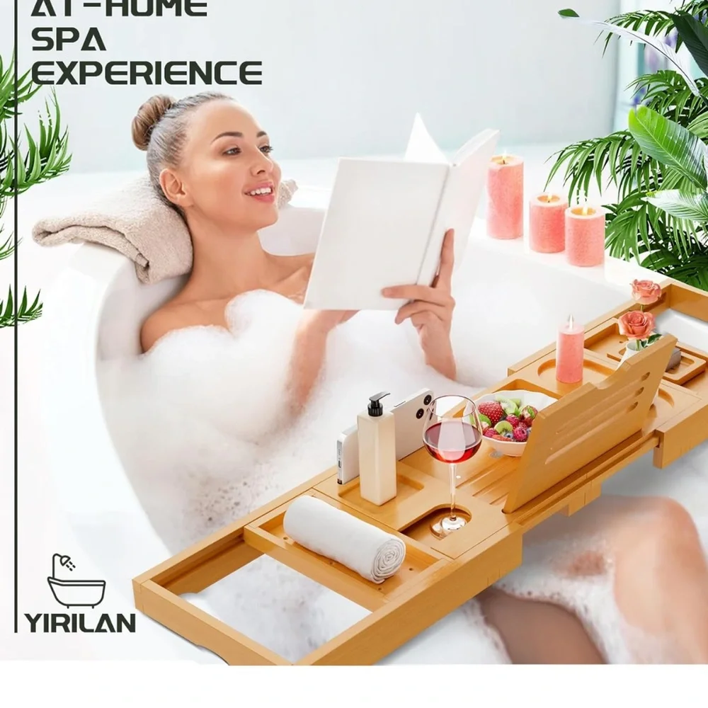 Brown Bamboo Bath Tray with Adjustable Storage